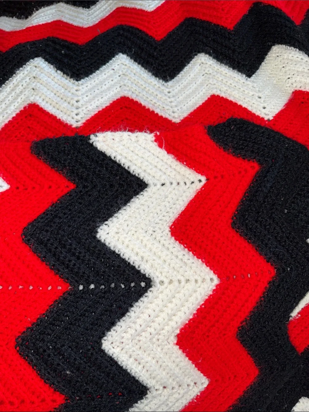 Hand Crafted Red Black White Chevron Crochet Throw Blanket